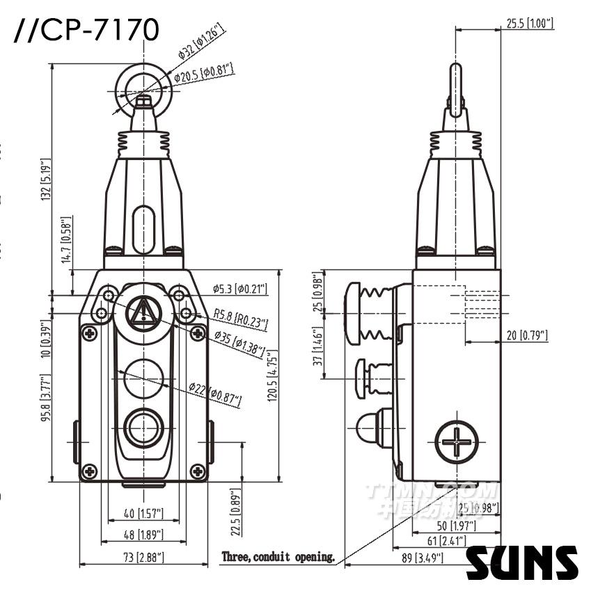 SUNS美國三實帶急停按鈕拉繩開關CP7170-SL22-C-R-E防水安全開關 尺寸圖 SUNS美國三實帶急停按鈕拉繩開關CP7170-SL22-C-R-E防水安全開關 尺寸圖